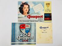 PEUGEOT: A pair of Sales Brochures featuring models for the 1939 model year including 202 and 402, together with a 1939 price list [Location: Sydney]