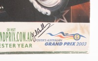 JACK BRABHAM: A poster mounted on board signed by Sir Jack promoting the 2003 Tattersall's Historic Demonstration, 59cm high, 42cm wide - 3