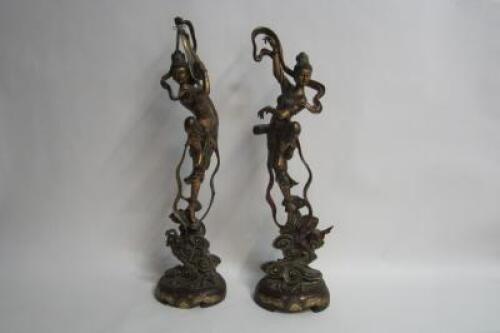 MUSICIANS: A pair of large carved timber polychrome Chinese musicians, 132cm high
