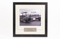 BT31: A photograph signed by Sir Jack & Ron Tauranac, features a rear view of the Brabham BT31 Repco 'bi-hi' wing, image 19.5cm high, 24.5cm wide
