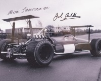 BT31: A photograph signed by Sir Jack & Ron Tauranac, features a rear view of the Brabham BT31 Repco 'bi-hi' wing, image 19.5cm high, 24.5cm wide - 3