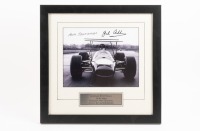 BT31: A photograph signed by Sir Jack & Ron Tauranac, features a front view of the Brabham BT31 Repco 'bi-hi' wing, image 19.5cm high, 24.5cm wide