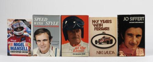 FORMULA 1 DRIVERS: A group of hardcover books detailing Formula 1 driver racing careers. Includes 'SPEED WITH STYLE - The Autobiography of Peter Revson' by Peter Revson and Leon Mandel