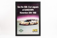 JAGUAR: An original 1988 Sandown poster featuring the Silk Cut Jaguar, framed and glazed, 60cm high, 43cm wide.