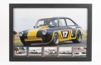 BRYAN THOMSON: A framed and glazed poster featuring Bryan Thomson's Volkswagen Type III Fastback Sport Sedan from the mid 1970s. Images by Autopics. Measures 34.5cm high, 50cm wide overall.