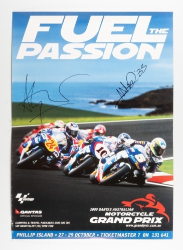 377 · MOTO GP: A promotional poster for the 2000 Australian Motorcycle Grand Prix signed by Alex Barros & Nobuatsu Aoki, 59cm high, 42cm wide