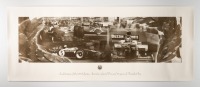 AUSTRALIAN GP: A wide format poster celebrating the 50th anniversary of the Australian F1 grand Prix, featuring a montage style sepia toned photograph featuring various entrants, 40cm high, 1m wide