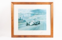 JONES: A framed and glazed limited edition print (289/850) titled 'Alan Jones' by Alan Fearnley, signed by the artist and Alan Jones, measures 55cm high, 64cm wide