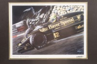 SENNA: A framed collage containing a print after the original airbrush painting by G.Willem Lubach titled 'Ayrton Senna - JPS Lotus 98T "86" along with Ayrton Senna signature on card mounted within frame. Measures 38.5cm high, 62.5cm wide - 2
