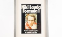 LAUDA: A framed and glazed collage featuring printed photographs related to Niki Lauda, middle photograph signed by Lauda. Measures 79cm high, 27cm wide overall - 3