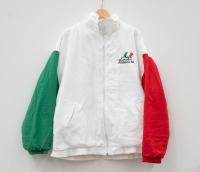 JACKET: A mens outer jacket from the 1996 Concours Italiana event, predominantly white with red & green sleeves, European size 24 [Location: Melbourne]
