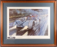 NICHOLAS WATTS: A framed and glazed limited edition (198/500) print by Nicholas Watts titled 'Victory Bound' depicting winning Team Camoradi Maserati Birdcage of Dan Gurney and Stirling Moss, 1000kms Nurburgring. Signed by Gurney, Moss and the artist. Mea