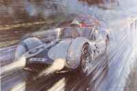 NICHOLAS WATTS: A framed and glazed limited edition (198/500) print by Nicholas Watts titled 'Victory Bound' depicting winning Team Camoradi Maserati Birdcage of Dan Gurney and Stirling Moss, 1000kms Nurburgring. Signed by Gurney, Moss and the artist. Mea - 2
