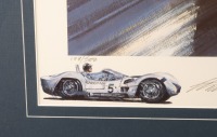 NICHOLAS WATTS: A framed and glazed limited edition (198/500) print by Nicholas Watts titled 'Victory Bound' depicting winning Team Camoradi Maserati Birdcage of Dan Gurney and Stirling Moss, 1000kms Nurburgring. Signed by Gurney, Moss and the artist. Mea - 3