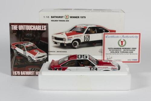 HOLDEN: A 1:18 scale Autoart Holden Torana A9X as raced by Peter Brock and Jim Richards at the 1979 Hardie-Ferodo 1000. CoA signed by Peter Brock