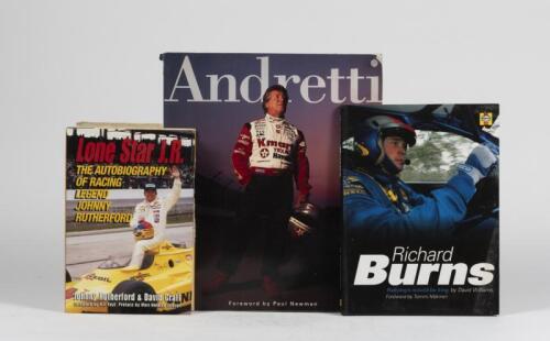 RACING DRIVERS: Three books detailing racing drivers. 'Lone Star J.R. - The Autobiography of Racing Legend Johnny Rutherford' hardcover book
