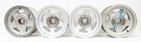 FERRARI WHEELS: Four Ferrari 365 alloy wheels with spinner plates and three hubs, includes two Cromodora 7.5" x 15" wheels (one has visible damage) and two non branded 8" x 15" wheels [Location: Melbourne]