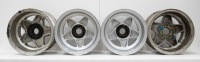 FERRARI WHEELS: Four Ferrari 365 alloy wheels with spinner plates and three hubs, includes two Cromodora 7.5" x 15" wheels (one has visible damage) and two non branded 8" x 15" wheels [Location: Melbourne] - 7