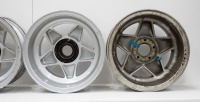 FERRARI WHEELS: Four Ferrari 365 alloy wheels with spinner plates and three hubs, includes two Cromodora 7.5" x 15" wheels (one has visible damage) and two non branded 8" x 15" wheels [Location: Melbourne] - 8