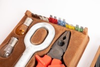 FERRARI 456 GT: A Ferrari 456 GT tool kit in leather case, includes spanners, screwdrivers, pliers, globes, belts, fuses and an Agip air bottle [Location: Melbourne] - 3