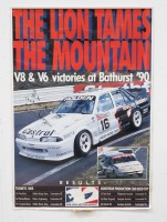 BATHURST 1990: A large laminated Bathurst 1990 Poster 'The Lion Tames The Mountain - V8 & V6 Victories at Bathurst 90' personally signed and inscribed 'To Mike' by Win Percy, measures 140cm high, 97cm wide.