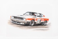 McCORMACK: A print by Mike Harbar featuring John McCormack's Repco Holden - Valiant VJ Charger - Team Ansett 1974 Sport Sedans Series, 30cm high, 42cm wide