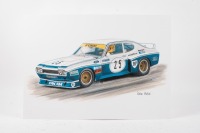 MOFFAT: A print after the original artwork featuring Allan Moffat's #25 Ford Capri RS3100, measures 29.5cm high, 42cm wide