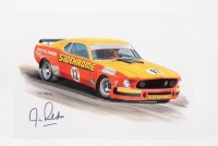 JIM RICHARDS: A print after the original artwork featuring Jim Richards #12 Sidchrome Ford Mustang, signed by Richards, 29.5cm high, 42cm wide