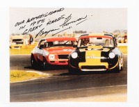 BRYAN THOMSON: A printed photograph featuring Bryan Thomson's Volkswagen Fastback at speed, signed and inscribed by Thomson, 29.5cm high, 42cm wide.