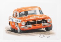 HARROP: A print after the original artwork featuring Ron Harrop's #52 EH Holden Sedan, signed by Harrop, 29.5cm high, 42cm wide.