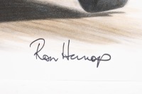 HARROP: A print after the original artwork featuring Ron Harrop's #52 EH Holden Sedan, signed by Harrop, 29.5cm high, 42cm wide. - 2