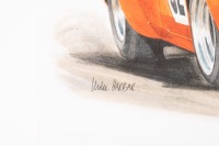 HARROP: A print after the original artwork featuring Ron Harrop's #52 EH Holden Sedan, signed by Harrop, 29.5cm high, 42cm wide. - 3