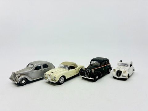 BRUMM: A quantity of 4 1:43 scale models by Brumm including the Lancia Aprilia, Lancia Aurelia B24 Spider, Fiat 508C Berlina 1100 and the Simca 5.