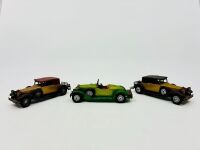 MATCHBOX: Three Matchbox Models of Yesteryear 1:43 scale models including the 1930 Packard Victoria and the 1931 Stutz Bearcat. [Location: Sydney]