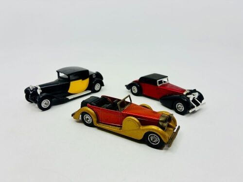 191 · MATCHBOX: Three Matchbox Models of Yesteryear 1:43 scale models including the 1938 Hispano-Suiza, the 1938 Lagonda Drophead Coupe and the 1928 Bugatti Type 44. [Location: Sydney]