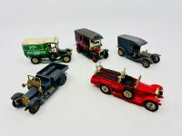 MATCHBOX: A quantity of 5 Matchbox Models of Yesteryear 1:43 scale models including the 1912 Simplex, the 1912 Renault AG Van, the 1920 Rolls Royce Fire Engine, the 1907 Unic Taxi and the 1918 Crossley RAF Tender. [Location: Sydney]
