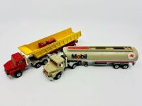 MAJORETTE: Two 1:60 scale Scania trucks by Majorette, one with tipper trailer and the other a Mobil tanker. [Location: Sydney]