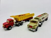 MAJORETTE: Two 1:60 scale Scania trucks by Majorette, one with tipper trailer and the other a Mobil tanker. [Location: Sydney] - 2