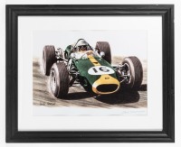 JACK BRABHAM: A print featuring Jack Brabham in 1966 Championship winning Brabham BT19, signed in pencil by constructor Ron Tauranac, visible print 29cm high, 39cm wide
