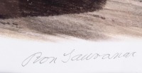 JACK BRABHAM: A print featuring Jack Brabham in 1966 Championship winning Brabham BT19, signed in pencil by constructor Ron Tauranac, visible print 29cm high, 39cm wide - 2