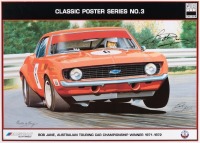 BOB JANE: An Auscar Alloy Wheels poster signed by Bob Jane with illustration of Bob Jane driving his Chevrolet Camaro in the ATCC of 1971/72, 49.5cm high, 69.5cm wide