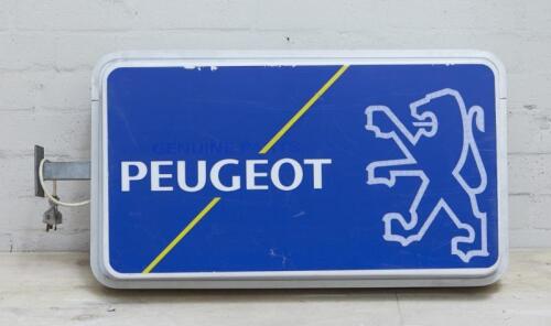 PEUGEOT: A Peugeot Authorised Dealer acyrlic/aluminium illuminated double sided wall sign with side wall mount fitting.