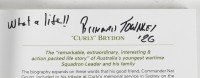 BRYDON: A soft cover book titled 'Curly Brydon' by Richard Townley, covering the story of Australia's youngest Squadron leader turned race car driver. Cover page inscribed and signed by author - 2