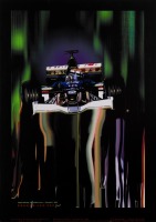 IRVINE: A large matte laminated print on masonite of Formula One Jaguar racing team #18 Eddie Irvine pictured in motion, digital art-commercial print by automotive designer and artist Bunker Bradley, measures 119.5cm high, 84.5cm wide