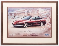 EL GT: A framed and glazed print, 30th anniversary of the Ford GT featuring drawing of an EL GT Falcon, measures 43cm high, 54.5cm wide - 2
