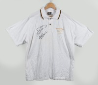 COULTHARD/HAKKINEN: A 1998 Australian Grand Prix polo shirt size XL as signed by Mika Hakkinen and David Coulthard