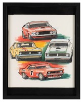 CALDERSMITH: A fine original watercolour by Brian Caldersmith featuring Allan Moffat's Mustang, Norm Beechey's Monaro, Bob Jane's Camaro and Ian Geoghegan's XY Falcon, framed and perspex glazed, 52cm high, 42cm wide.
