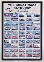 BATHURST: A framed and glazed poster by Autopics titled 'The Great Race - Bathurst - 50 Years - 1963-2012' signed and inscribed by Larry Perkins, measures 70.5cm high, 49cm wide.