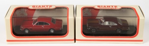 HK/HT: Two 1:64 scale Biante minicars Holden GTS Monaros, HK in Picardy Red and a HT in Monaco Maroon, boxed