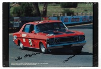 GEOGHEGAN: A printed photograph of the 1969 Ford XW GT-HO Falcon driven by Leo and Ian Geoghegan in the 1969 Hardie Ferodo 500, signed by both